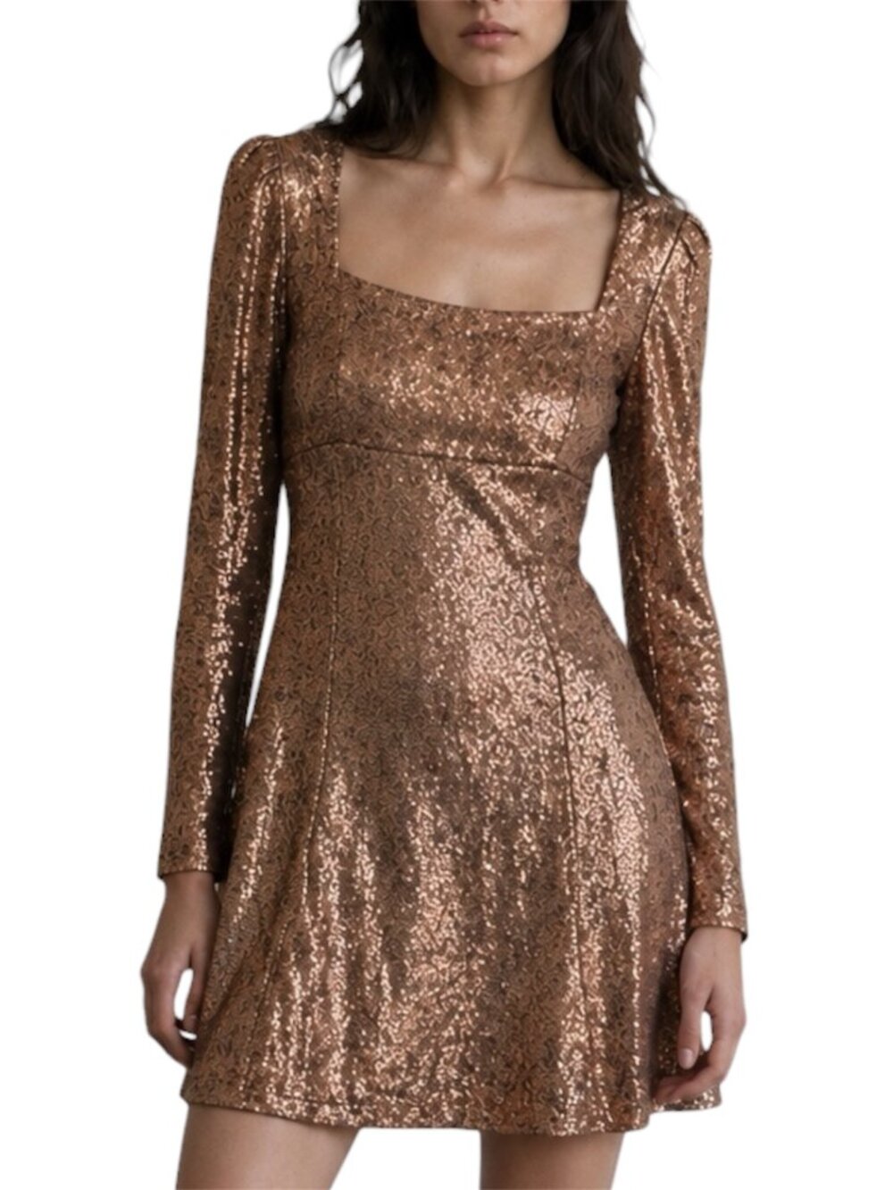 Intermix Hilary brown Bronze Sequin Mini Dress Long Sleeve Square Neck Size 8